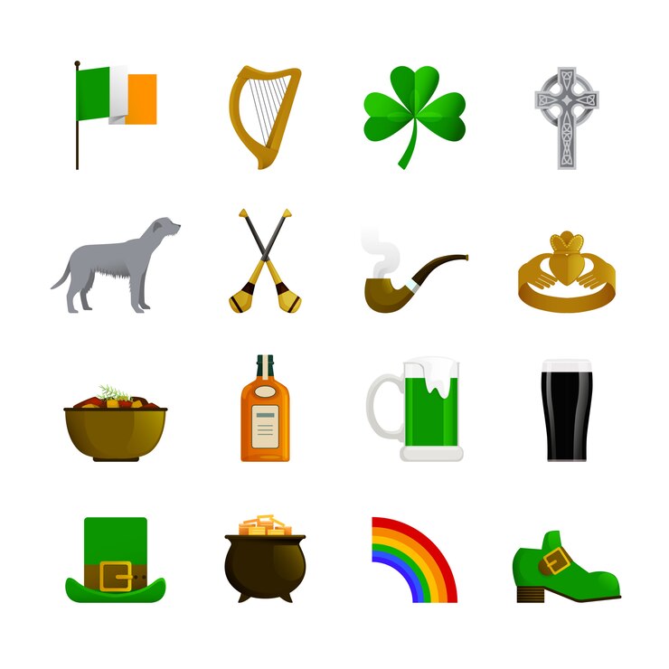 Vettore gratuito icone decorative di colore piatto irlanda con cappello verde leprechaun e scarpa pentola arcobaleno con oro irlandese terrier e bottiglia di whisky