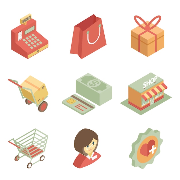 Icone dello shopping isometriche colorate per negozio o supermercato su priorità bassa bianca
