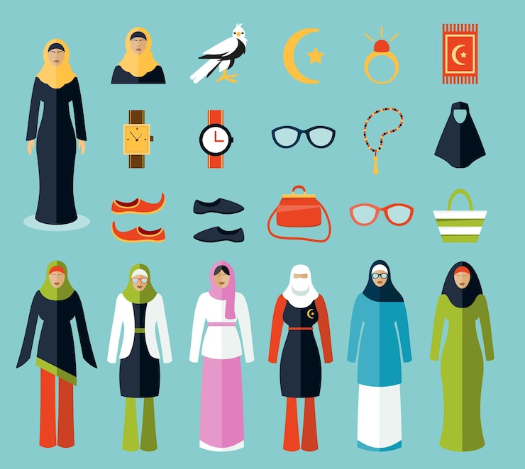 Vettore gratuito icone di accessori e vestiti della donna araba.