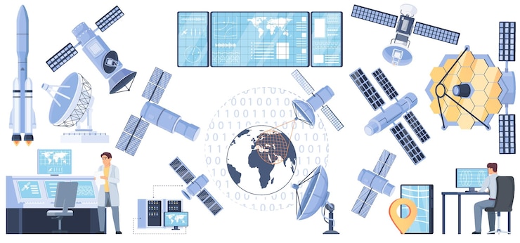 Vettore gratuito icone di concetto di satelliti impostate con simboli di esplorazione dello spazio illustrazione vettoriale isolata piatta
