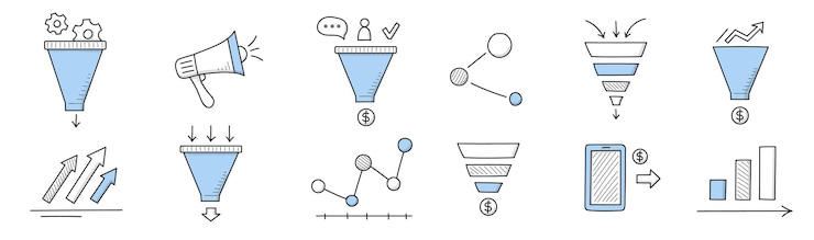 Vettore gratuito icone di doodle di imbuto di vendita, altoparlante di segni di affari lineari, grafici o grafici di infografica, pagamento con smartphone, attrazione dei clienti, strategia di gestione e analisi dei dati, illustrazione vettoriale di line art