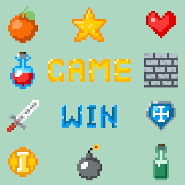 Icone di giochi pixel, interfaccia di videogiochi.