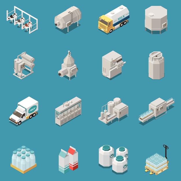 Icone di produzione di latte impostate con simboli di prodotti lattiero-caseari illustrazione vettoriale isolata isometrica