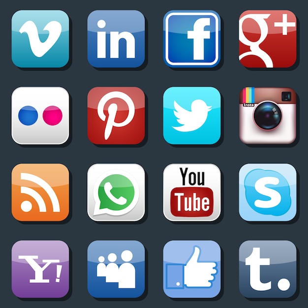 Icone di social media vettoriali. Pinterest e Instagram, Flickr e Whatsapp, Skype e LinkedIn