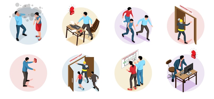 Vettore gratuito icone isometriche dell'allarme antincendio messe con l'illustrazione di vettore isolata piano di evacuazione