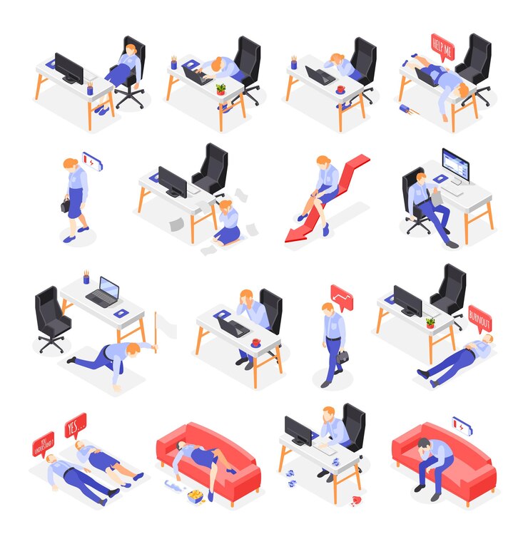 Vettore gratuito icone isometriche della sindrome da burn-out impostate con simboli di lavoro illustrazione vettoriale isolata