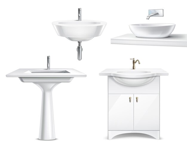 Il bagno oggetti la raccolta realistica 3d con montaggi ceramici bianchi isolati per il bagno e la toilette