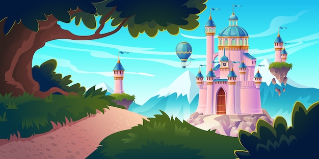 Il castello magico rosa, la principessa o il palazzo delle fate sulle montagne con la strada rocciosa conducono a cancelli con torrette volanti e mongolfiere nel cielo. Fortezza di fantasia, architettura medievale. Illustrazione del fumetto