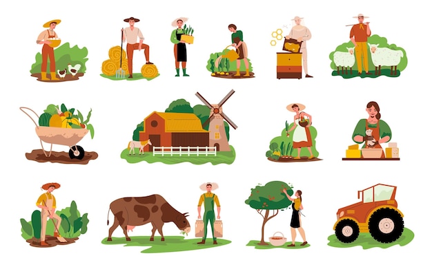 Il colore dell'azienda agricola con i simboli dell'agricoltura e del latte ha isolato l'illustrazione di vettore