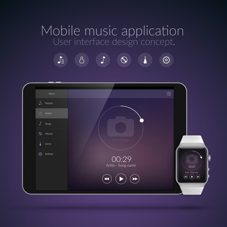 Vettore gratuito il concetto di design dell'interfaccia utente con elementi web dell'applicazione musicale per dispositivi di orologio e tablet ha isolato l'illustrazione di vettore