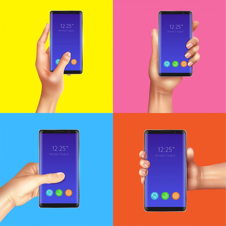 Vettore gratuito il concetto di progetto realistico degli aggeggi con le mani che tengono gli smart phone neri ha isolato l'illustrazione