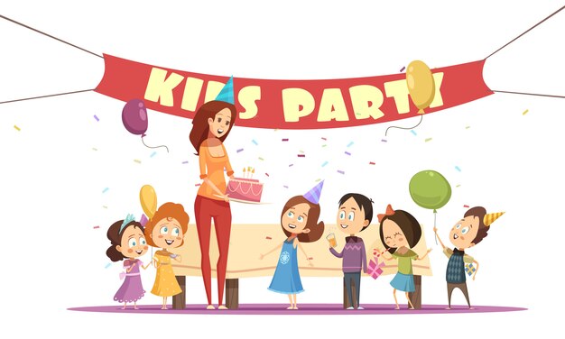 Il concetto ed i bambini di maternità fanno festa con l&#39;illustrazione di vettore del fumetto di simboli della celebrazione