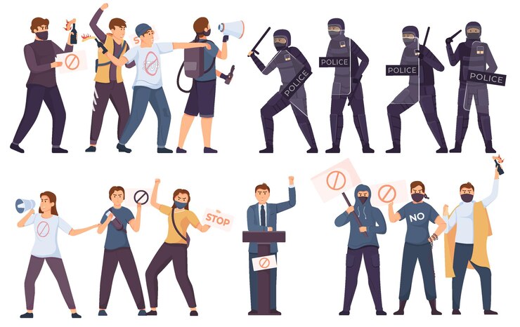 Vettore gratuito il concetto piatto di rivoluzione di protesta ha messo la polizia contro il gruppo di persone che protestavano e le prestazioni dell'oppositore di fronte alla sua illustrazione vettoriale di gruppo