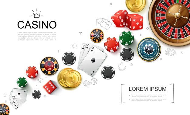 Il concetto realistico degli elementi del casinò con il gioco della roulette taglia le carte da gioco e l'illustrazione delle fiches da poker