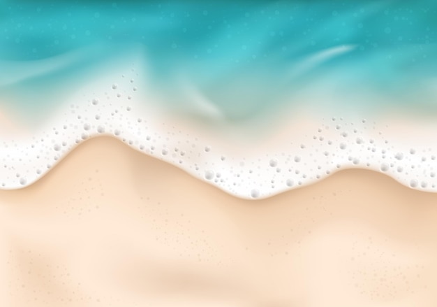 Il concetto realistico di schiuma colorata dell'onda del mare con l'onda va dall'alto verso il basso sull'illustrazione di vettore della sabbia