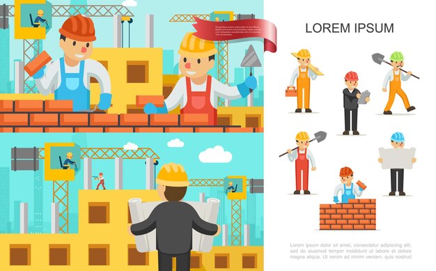 Il concetto variopinto di industria di costruzione piana con i costruttori costruisce la gente dell'ingegnere del muro di mattoni che lavora sull'illustrazione delle gru di costruzione