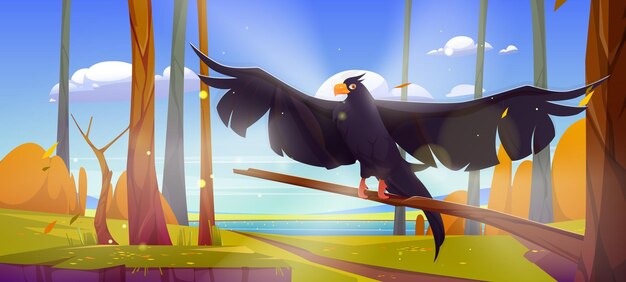 Il corvo nero vola nella foresta autunnale sulla riva del fiume