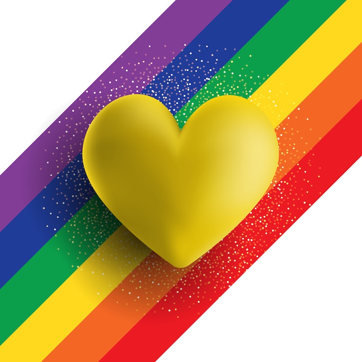 Vettore gratuito il cuore 3d dell'oro su un arcobaleno ha barrato la priorità bassa