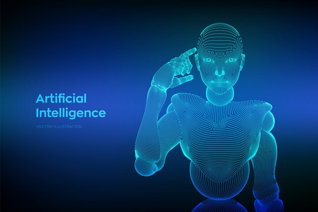 Il cyborg o il robot femminile astratto del wireframe tiene un dito vicino alla testa e pensa o calcola usando la sua intelligenza artificiale.