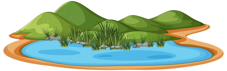 Vettore gratuito il lago sereno con le colline verdi