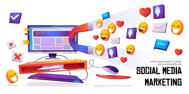 Il magnete del banner di social media marketing attira i mi piace