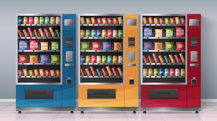 Vettore gratuito il manifesto realistico con tre distributori automatici multicolori in pieno delle bevande e degli spuntini vector l'illustrazione