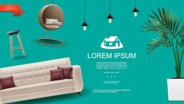 Il modello interno domestico realistico con la barra dei cuscini del divano e le lampade moderne della sedia d'attaccatura di vimini pianta in vaso da fiori sull'illustrazione verde del fondo