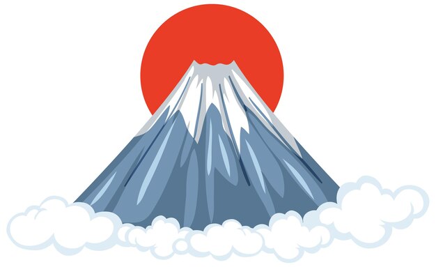 Il monte Fuji con il sole rosso in stile cartone animato isolato su bianco