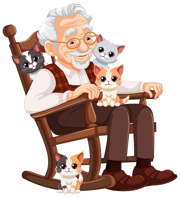 Vettore gratuito il nonno con i gattini nella sedia a dondolo