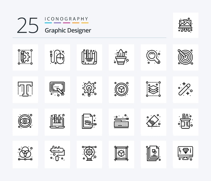 Vettore gratuito il pacchetto di icone graphic designer 25 line che include l'interfaccia zoom massimizza il giardinaggio delle piante in vaso del mouse