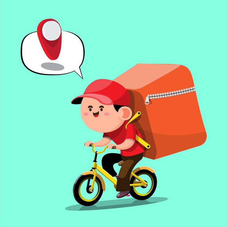 Vettore gratuito il personale addetto alle consegne mette i prodotti in borse da ciclismo per consegnarli ai clienti in base alla posizione dell'ordine del cliente. disegno di illustrazione vettoriale piatto