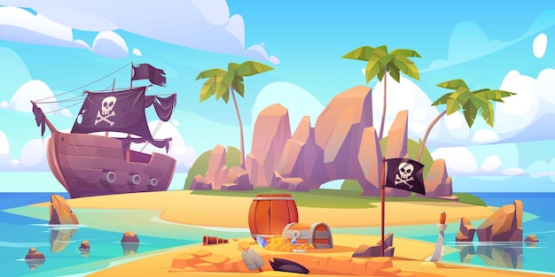 Il pirata seppellisce la cassa del tesoro sulla spiaggia dell'isola.