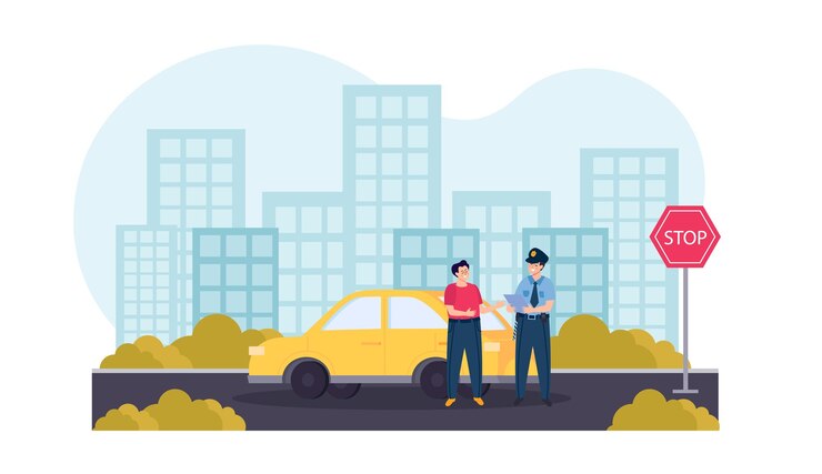 Vettore gratuito il poliziotto della composizione piatta della polizia stradale ferma un conducente in città e controlla la sua illustrazione vettoriale della patente di guida