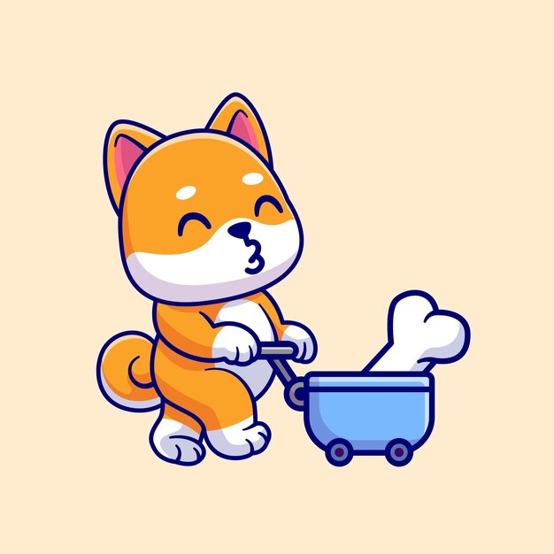 Il simpatico cane Shiba Inu porta l'osso con l'icona del vettore del fumetto del carrello. Natura animale isolata