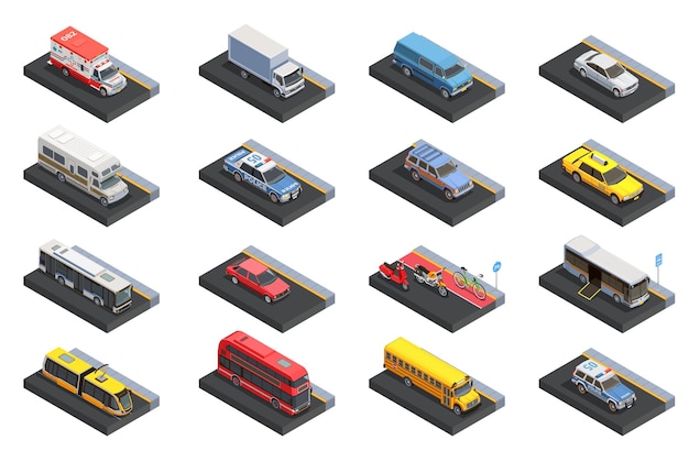 Il trasporto pubblico ha impostato con diversi veicoli su una strada di città illustrazione vettoriale isolato