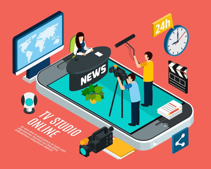 Vettore gratuito il video della foto isometrico con lo studio online online concettuale sullo schermo dello smartphone con la gente e gli elementi vector l'illustrazione