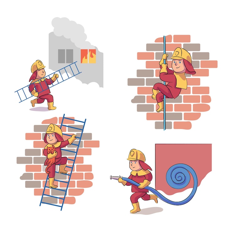 Vettore gratuito il vigile del fuoco del ragazzo che indossa l'uniforme e il casco che utilizza lo strumento e l'attrezzatura di salvataggio ha spento il fuoco isolato scena impostata vigile del fuoco in azione facendo il lavoro