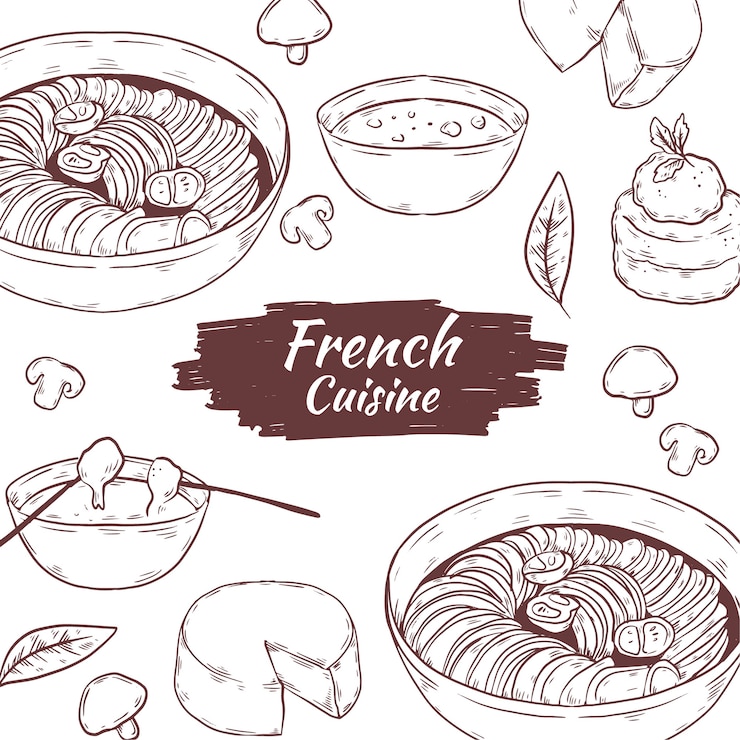 Vettore gratuito illustrata deliziosa cucina francese disegnata a mano