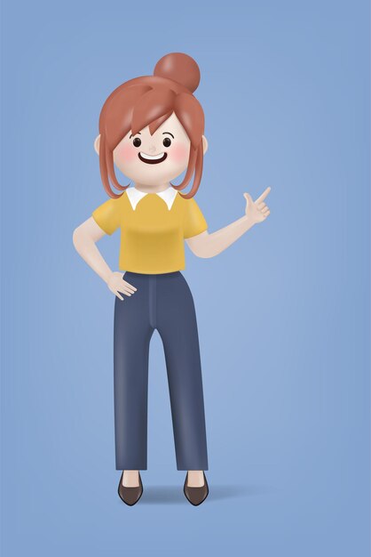 illustrazione 3d cartone animato giovane donna gesto di puntamento posa carattere