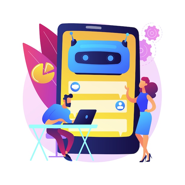 Illustrazione astratta di concetto della piattaforma di sviluppo di chatbot. Piattaforma chatbot, sviluppo di assistenti virtuali, bot multipiattaforma, wireframe, programmazione di applicazioni mobili.