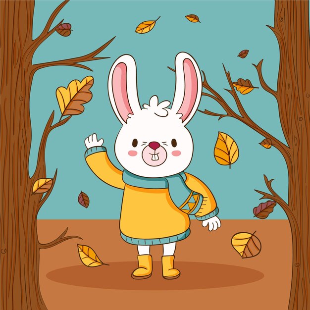 Illustrazione autunnale disegnata a mano con coniglio