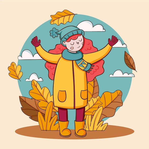 Illustrazione autunnale disegnata a mano con donna all'aperto