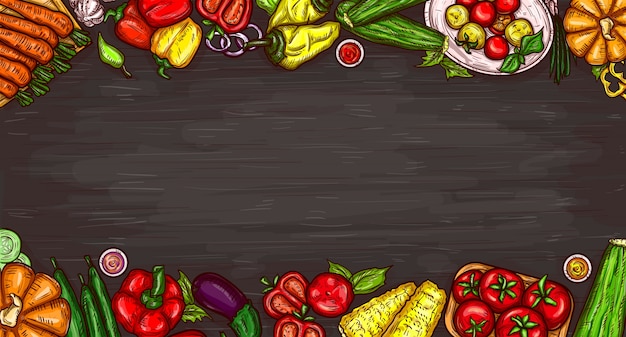 Illustrazione cartoon vettore di varie verdure su uno sfondo di legno.