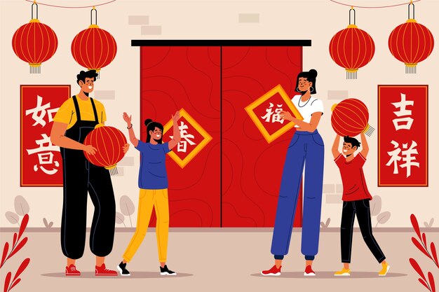 Illustrazione cinese piana del distico della molla del capodanno