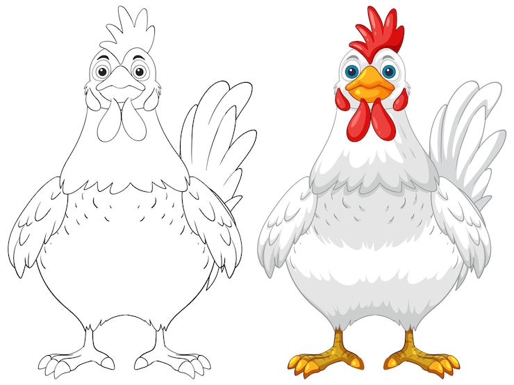 Vettore gratuito illustrazione colorata e contornata del pollo