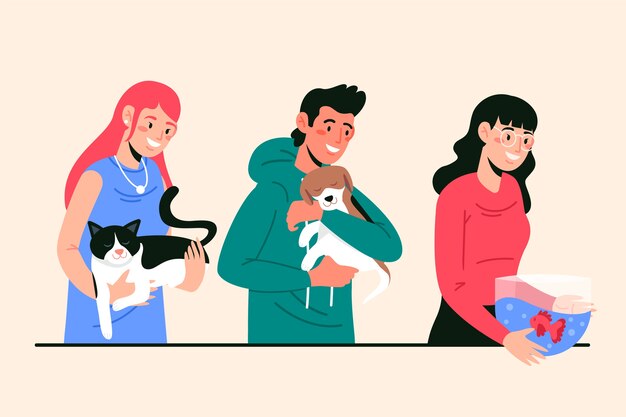 Illustrazione con persone con diversi animali domestici