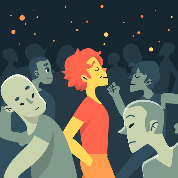 Illustrazione con una persona che sorride nella folla
