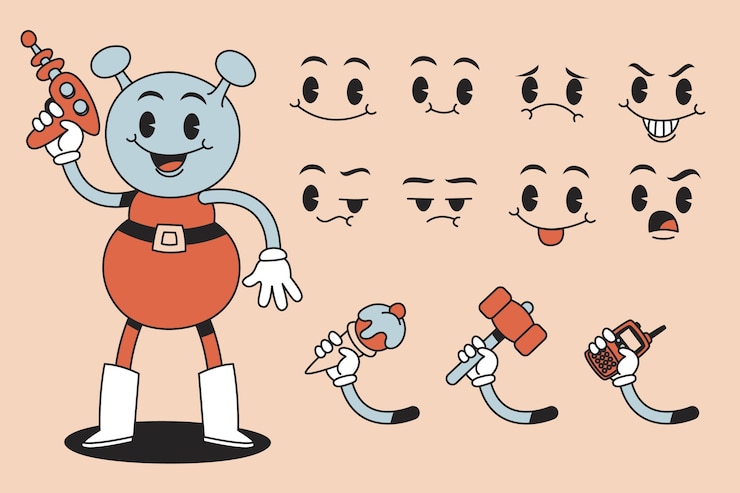 Vettore gratuito illustrazione costruttrice di personaggi di cartoni animati retro disegnati a mano.