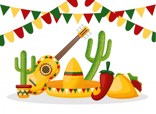 Illustrazione degli oggetti messicani del Messico cinco de mayo