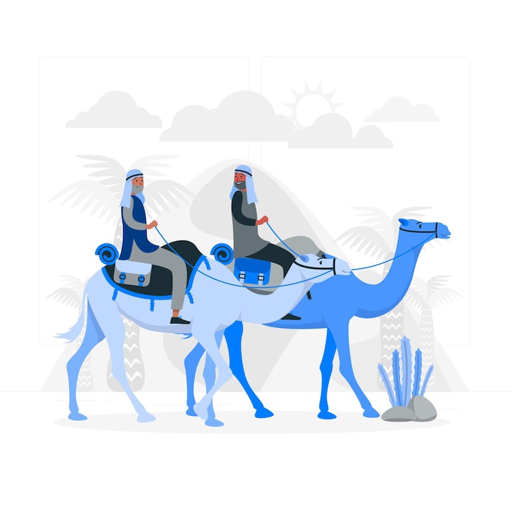 Vettore gratuito illustrazione del concetto della via della seta. uomini arabi a cavallo di cammelli